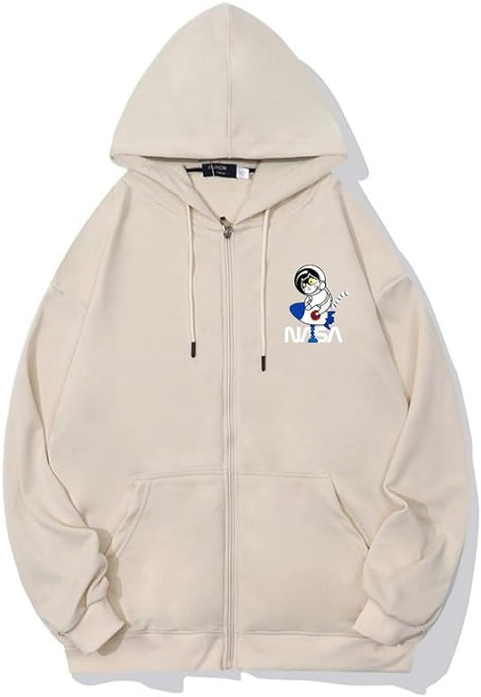 CORIRESHA Space Astronaut Cat Zip Hoodie Drawstring Rocket NASA Sweatshirt