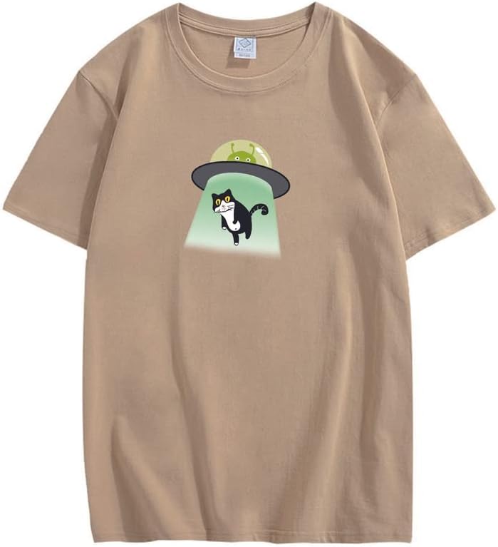 CORIRESHA Alien nave espacial abducción gato vintage unisex divertido espacio camiseta