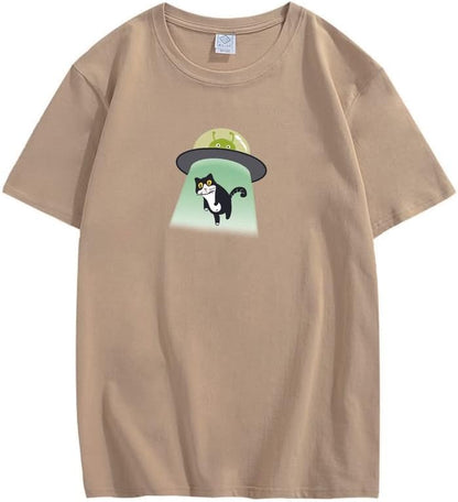 CORIRESHA Alien nave espacial abducción gato vintage unisex divertido espacio camiseta