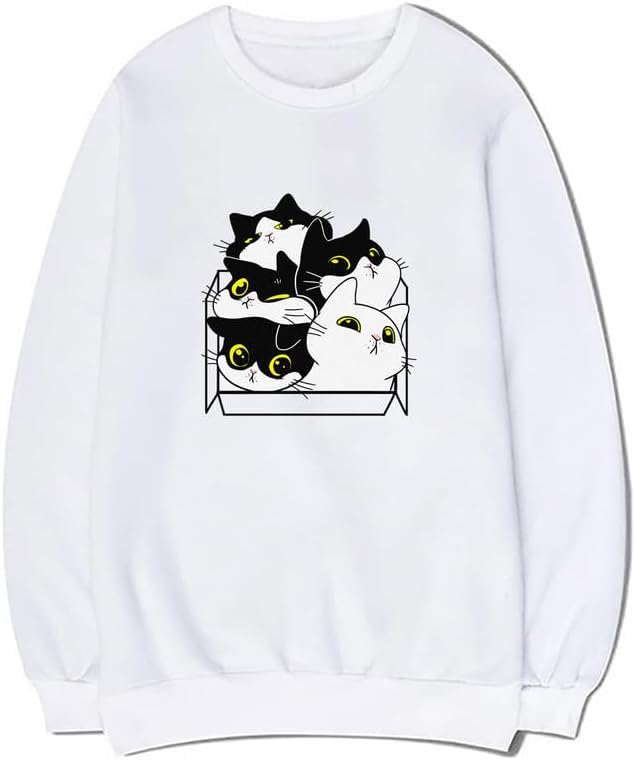 CORIRESHA Unisex Cute Cat Box Crew Neck Long Sleeve Soft Cotton Sweatshirt