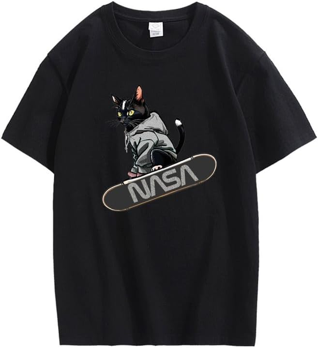 CORIRESHA Camiseta holgada informal de manga corta con cuello redondo y monopatín de gato para mujer