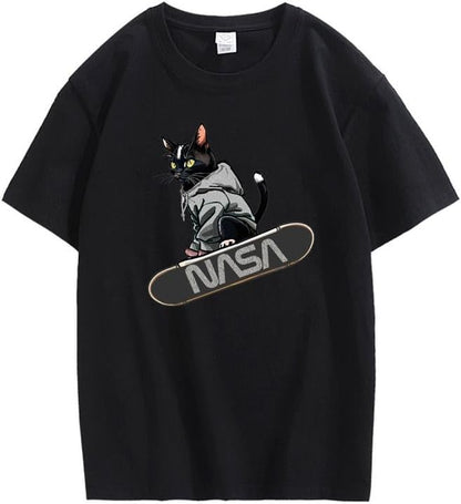 CORIRESHA Camiseta holgada informal de manga corta con cuello redondo y monopatín de gato para mujer