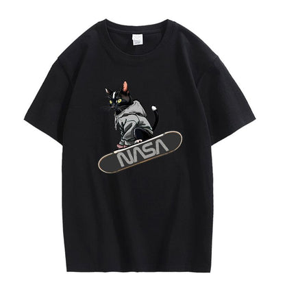 CORIRESHA Camiseta holgada informal de manga corta con cuello redondo y monopatín de gato para mujer