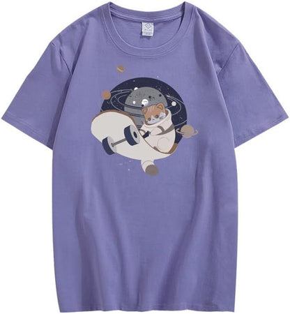 CORIRESHA Teen Cute Cat Skateboard Round Neck Short Sleeve Loose Space T-Shirt