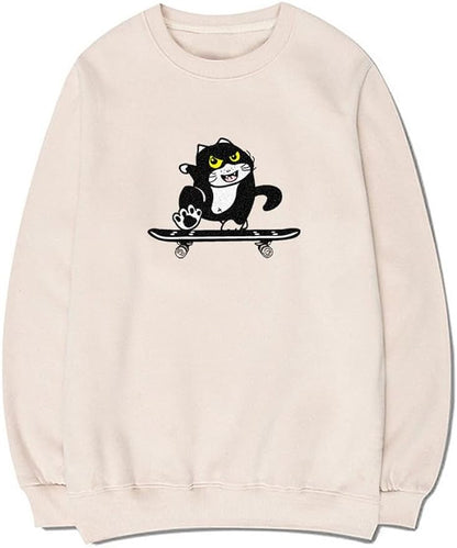 CORIRESHA Cute Cat Skateboard Crew Neck Long Sleeve Cotton Basic Pullover Sweatshirt