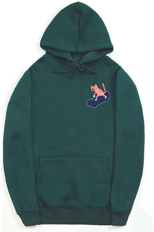 CORIRESHA Adolescentes Divertido Skateboarding Gato Patrón Casual Manga Larga Básica Sudadera con capucha