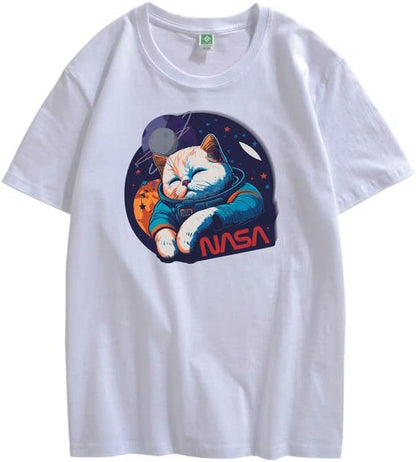 CORIRESHA Teen Cute Cat NASA Round Neck Short Sleeve Loose Space T-Shirt
