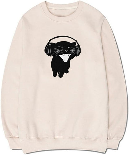 CORIRESHA Cute Cat Headphones Music Crew Neck Long Sleeve Basic Pullover Sweatshirt