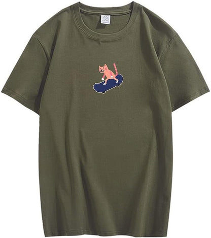CORIRESHA Unisex Cute Cat Skateboard Casual Crewneck Short Sleeves Loose Funny T-Shirts