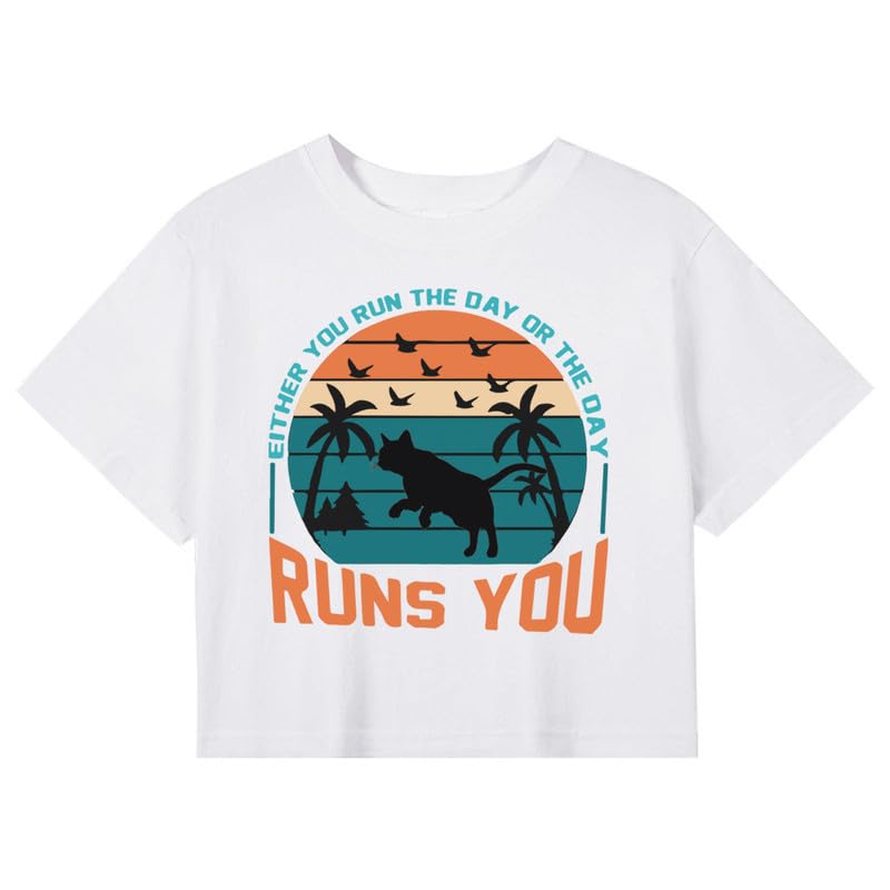 CORIRESHA Women's Fashion Cat Seagull Graphic Short Sleeve Crew Neck Cotton Crop T-Shirt
