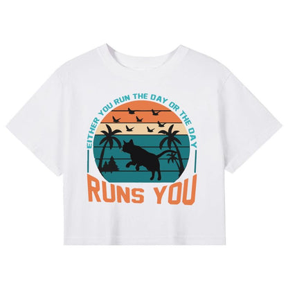 CORIRESHA Women's Fashion Cat Seagull Graphic Short Sleeve Crew Neck Cotton Crop T-Shirt