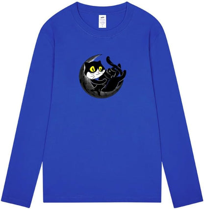 CORIRESHA Teen Fall Funny Cat Moon Crew Neck Long Sleeve Cotton T-Shirt