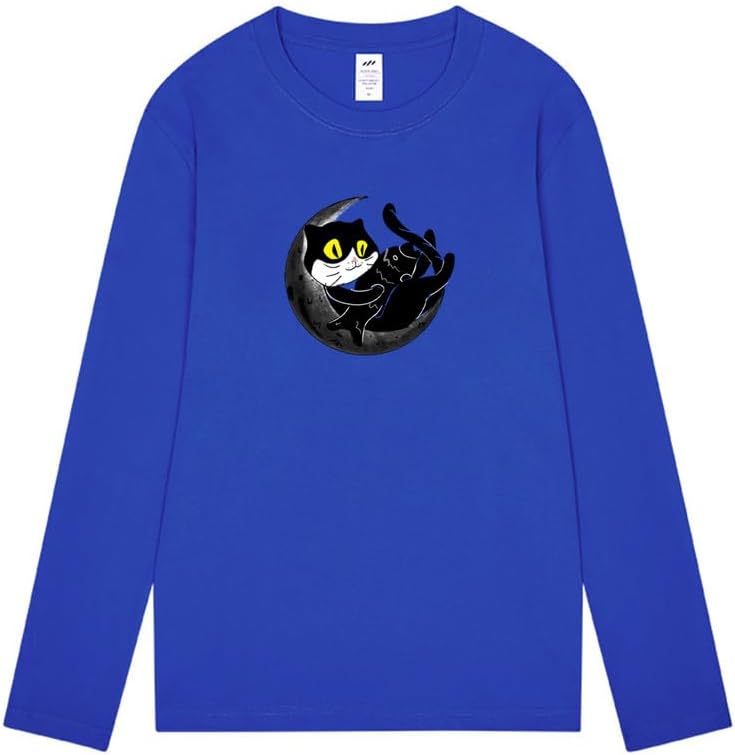 CORIRESHA Teen Fall Funny Cat Moon Crew Neck Long Sleeve Cotton T-Shirt