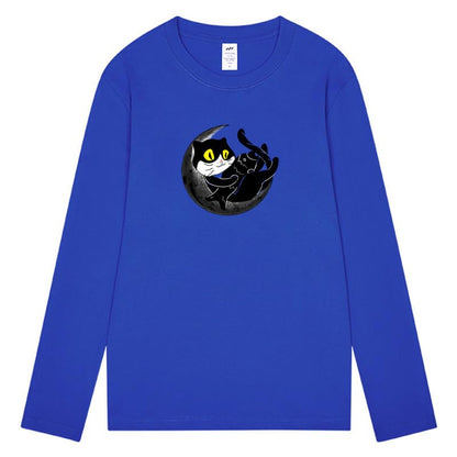 CORIRESHA Teen Fall Funny Cat Moon Crew Neck Long Sleeve Cotton T-Shirt