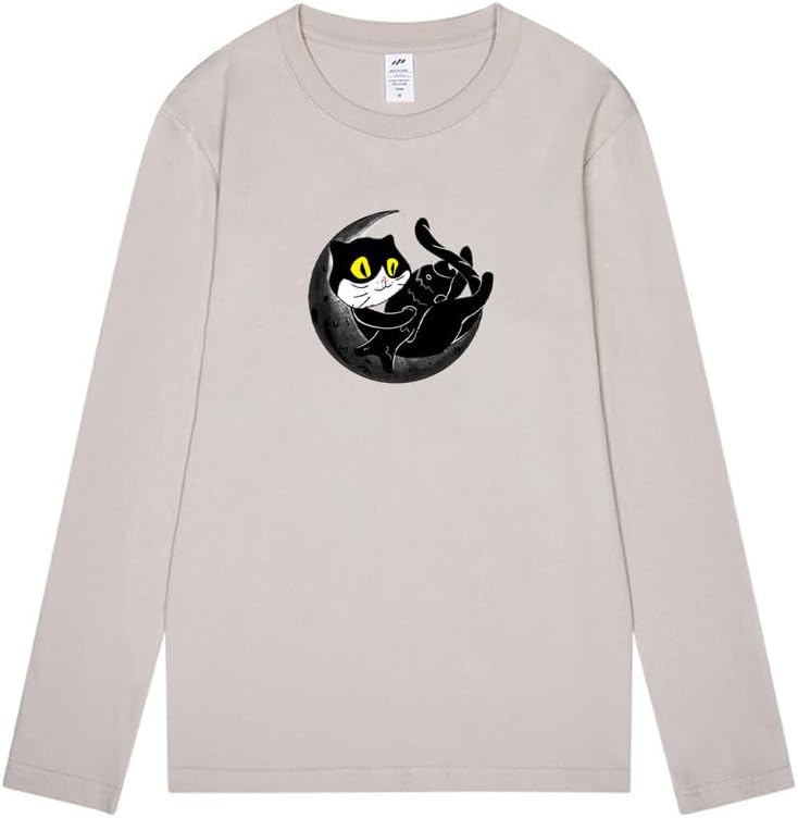 CORIRESHA Teen Fall Funny Cat Moon Crew Neck Long Sleeve Cotton T-Shirt