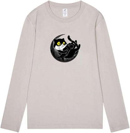 CORIRESHA Teen Fall Funny Cat Moon Crew Neck Long Sleeve Cotton T-Shirt