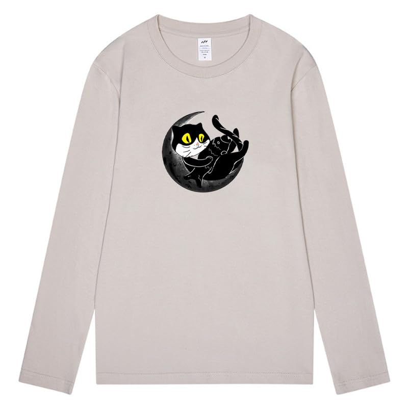 CORIRESHA Teen Fall Funny Cat Moon Crew Neck Long Sleeve Cotton T-Shirt