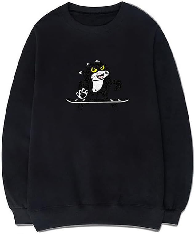CORIRESHA Cute Cat Skateboard Crew Neck Long Sleeve Cotton Basic Pullover Sweatshirt