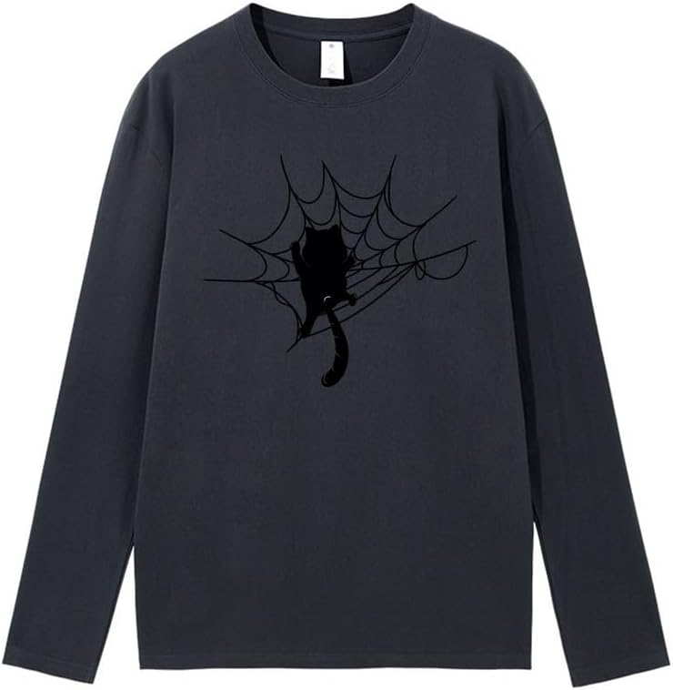 CORIRESHA Halloween Spider Web Crew Neck Long Sleeve Casual Cat Lover T-Shirt