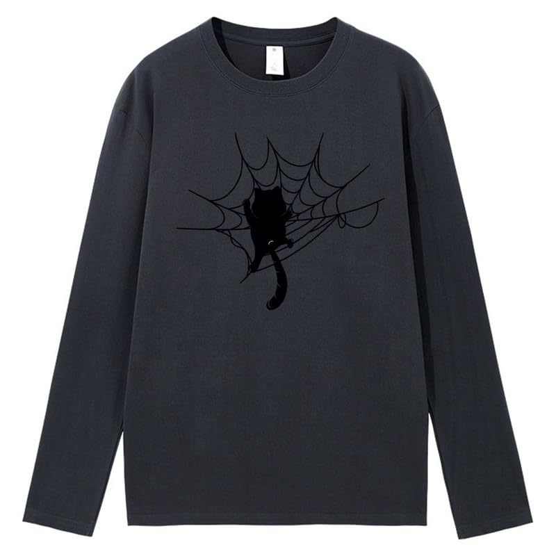 CORIRESHA Halloween Spider Web Crew Neck Long Sleeve Casual Cat Lover T-Shirt