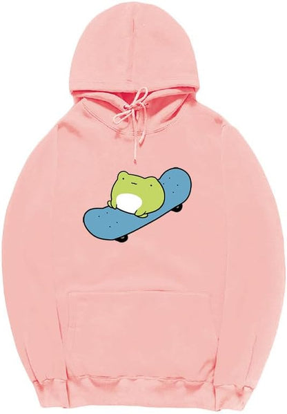 CORIRESHA Sudadera básica con capucha de rana para mujer, manga larga, bolsillo canguro, monopatín