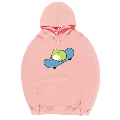 CORIRESHA Sudadera básica con capucha de rana para mujer, manga larga, bolsillo canguro, monopatín