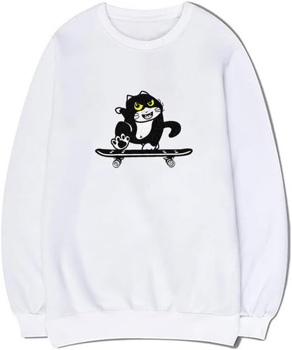CORIRESHA Cute Cat Skateboard Crew Neck Long Sleeve Cotton Basic Pullover Sweatshirt