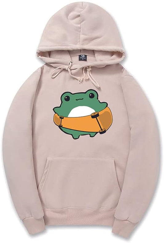 CORIRESHA Sudadera con capucha de rana linda para mujer, monopatín, suave y acogedora sudadera con cordón de algodón
