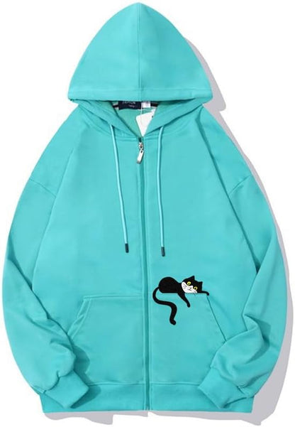 CORIRESHAUnisex Cute Lazy Cat Zip Hoodie Drawstring Fall Comfy Sweatshirt