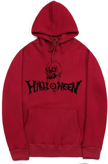 CORIRESHA Halloween Skull Hoodie Long Sleeve Drawstring Cotton Unisex Bloodstained Sweatshirt