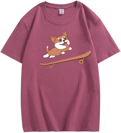 CORIRESHA Adolescente Lindo Shiba Inu Perro Monopatín Cuello Redondo Manga Corta Camiseta Acogedora