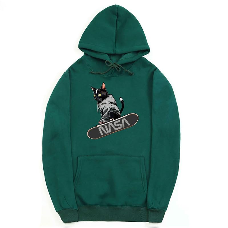 CORIRESHA Adolescente Lindo Gato Skateboarding Sudadera con capucha Casual Manga Larga Cordón Básico NASA Sudadera