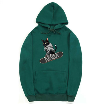 CORIRESHA Adolescente Lindo Gato Skateboarding Sudadera con capucha Casual Manga Larga Cordón Básico NASA Sudadera