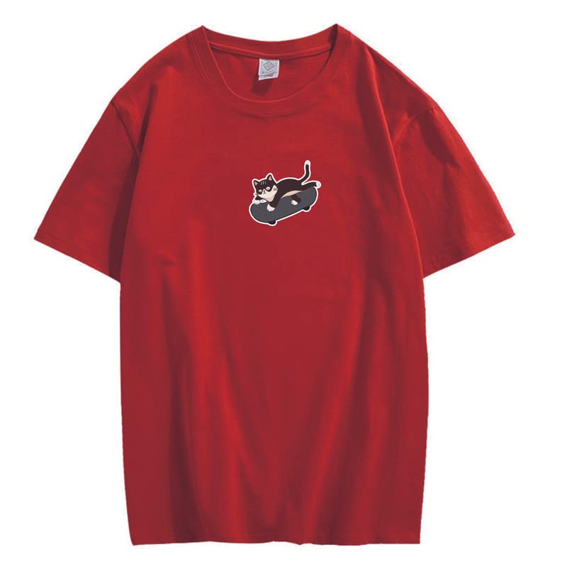 CORIRESHA Unisex Kawaii Ropa Cuello Redondo Manga Corta Lindo Monopatín Gato Camiseta Suelta