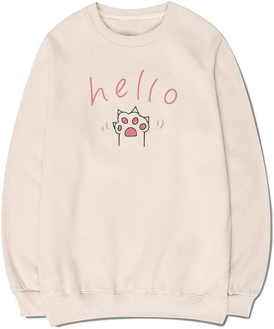 CORIRESHA Cat Paw Graphic Crewneck Long Sleeve Kawaii Cute Letter Sweatshirt