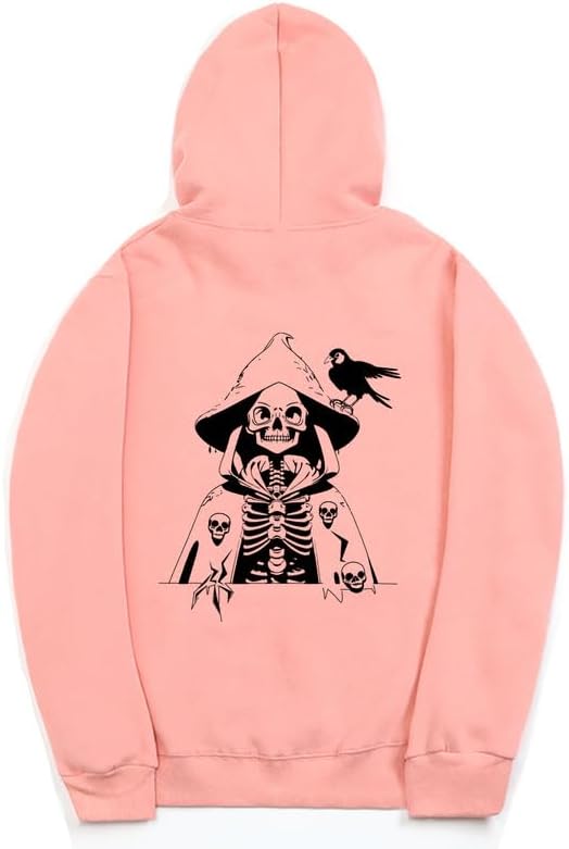CORIRESHA Sudadera con capucha con estampado de calavera para mujer, manga larga, con cordón, informal, suave, unisex, para Halloween