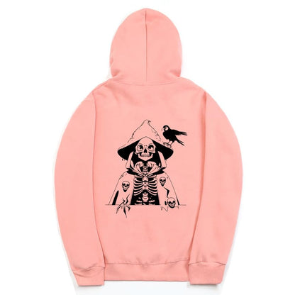CORIRESHA Sudadera con capucha con estampado de calavera para mujer, manga larga, con cordón, informal, suave, unisex, para Halloween