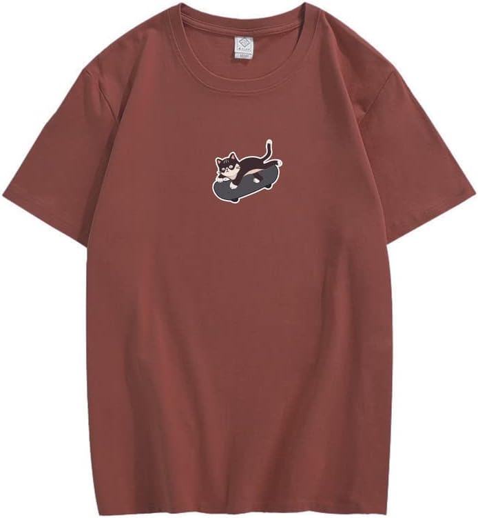 CORIRESHA Unisex Kawaii Ropa Cuello Redondo Manga Corta Lindo Monopatín Gato Camiseta Suelta