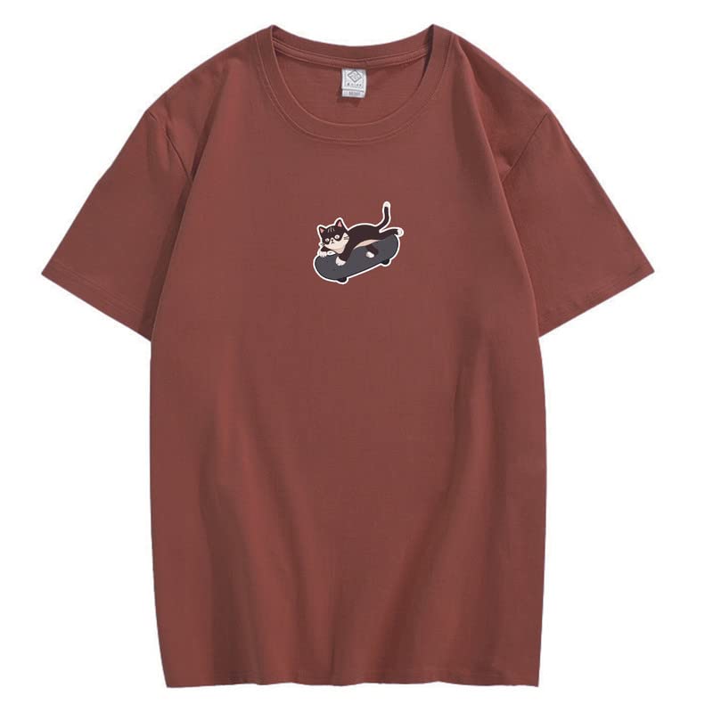 CORIRESHA Unisex Kawaii Ropa Cuello Redondo Manga Corta Lindo Monopatín Gato Camiseta Suelta