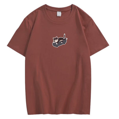 CORIRESHA Unisex Kawaii Ropa Cuello Redondo Manga Corta Lindo Monopatín Gato Camiseta Suelta