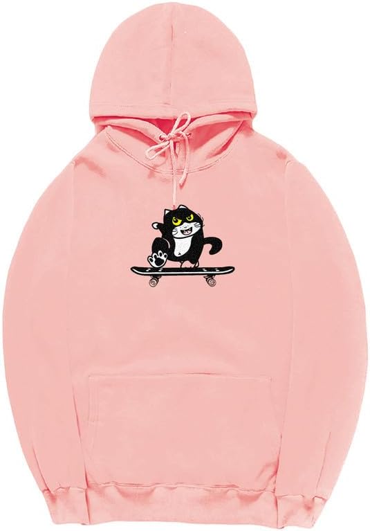 CORIRESHA Cute Cat Skateboard Long Sleeve Drawstring Kangaroo Pocket Hoodie Sweatshirt