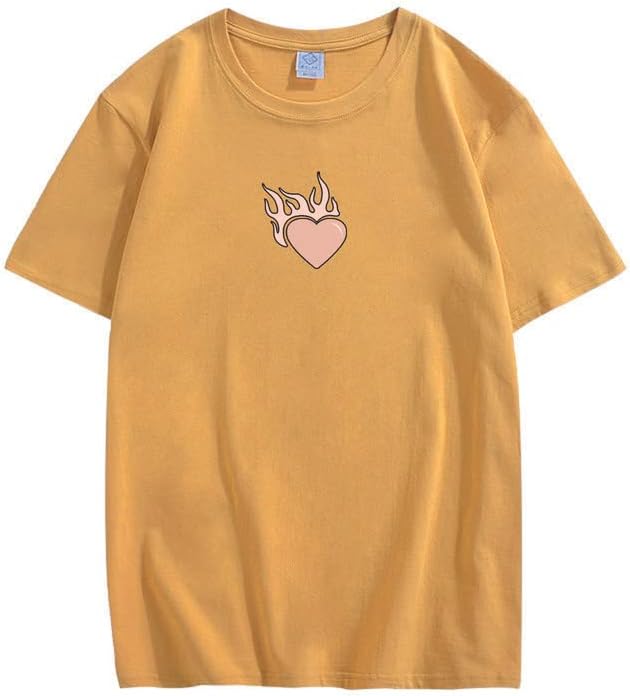 CORIRESHA Teen Cute Heart Flame Crewneck Short Sleeve Casual Cotton Valentine T-Shirt