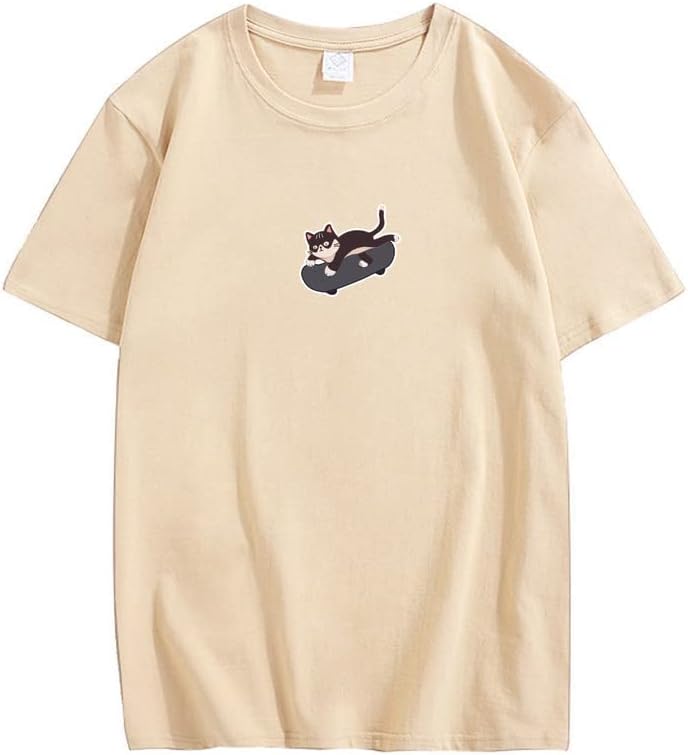 CORIRESHA Unisex Kawaii Ropa Cuello Redondo Manga Corta Lindo Monopatín Gato Camiseta Suelta