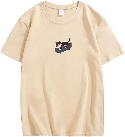 CORIRESHA Unisex Kawaii Ropa Cuello Redondo Manga Corta Lindo Monopatín Gato Camiseta Suelta