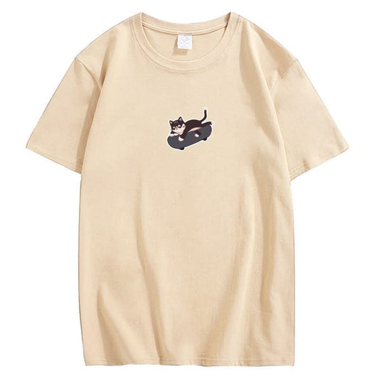 CORIRESHA Unisex Kawaii Clothing Crewneck Short Sleeves Cute Skateboard Cat Loose T-Shirt