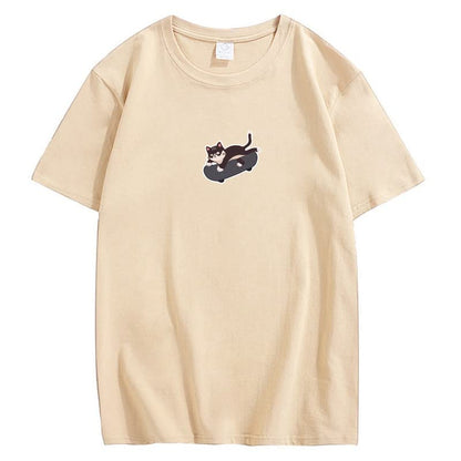 CORIRESHA Unisex Kawaii Ropa Cuello Redondo Manga Corta Lindo Monopatín Gato Camiseta Suelta
