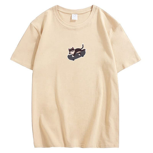 CORIRESHA Unisex Kawaii Ropa Cuello Redondo Manga Corta Lindo Monopatín Gato Camiseta Suelta