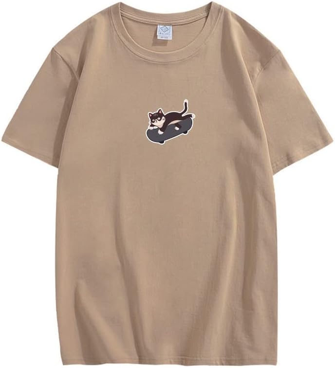 CORIRESHA Unisex Kawaii Ropa Cuello Redondo Manga Corta Lindo Monopatín Gato Camiseta Suelta