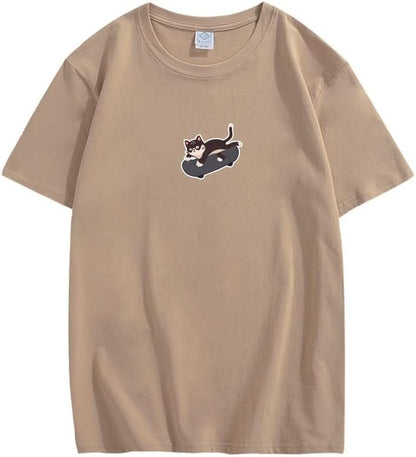 CORIRESHA Unisex Kawaii Ropa Cuello Redondo Manga Corta Lindo Monopatín Gato Camiseta Suelta