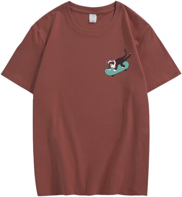 CORIRESHA Teen Kawaii Ropa Skateboard Cat Casual Cuello Redondo Camiseta de Algodón Suave